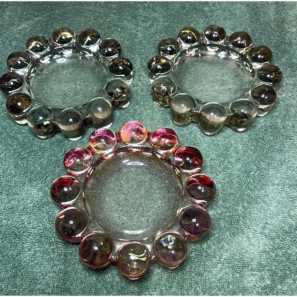 Set of 3 Pressed Glass Round Ashtrays/ candle holder w/ Bubble Rim, Clear /pink